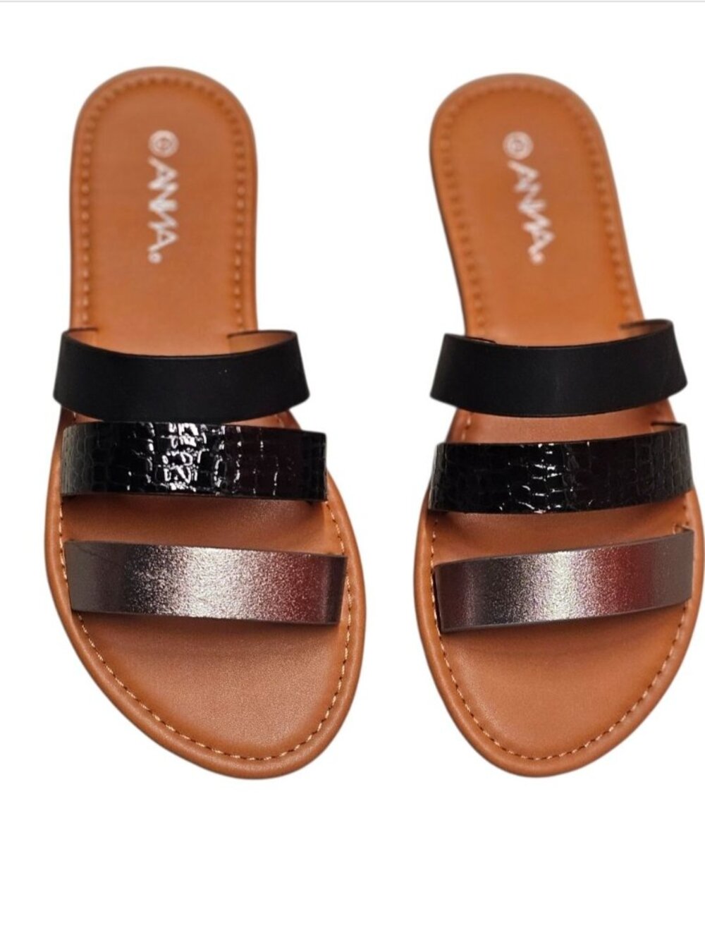 Womens Multi-Strap Slide Sandals With Faux Leather In Black Metallic & Croc-Embo - Picture 8 of 9